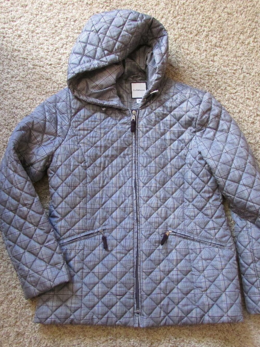 NWOT Croft & Barrow Medium Gray Plaid Quilted Zip Filled Warm Hooded Jacket